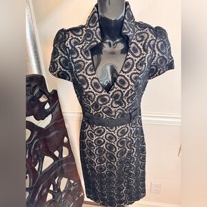 Elegant Karen Millen Black & Cream Lace Midi Dress | Size 6